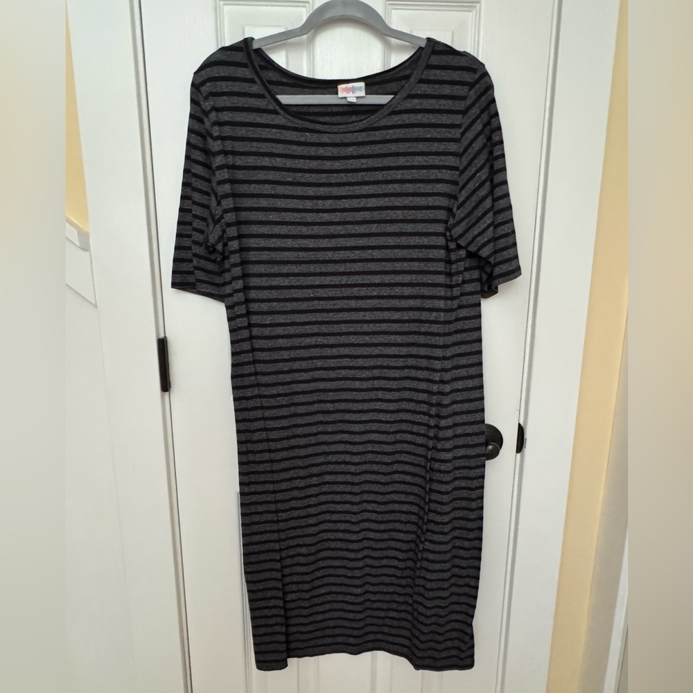 LuLaRoe Gray and Black Striped Midi Dress